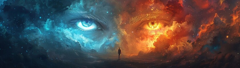 Obraz premium Abstract art with contrasting paths of good and evil, a figure making a decision, vibrant future setting, freedom vs control theme 8K , high-resolution, ultra HD,up32K HD
