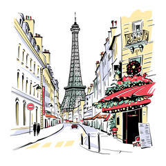 Vector illustration of Paris street with street cafe and Eiffel Tower in background, Paris, France