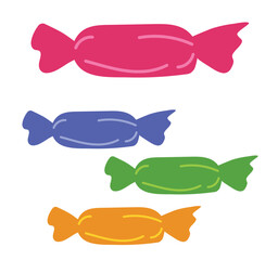 sweets, candy set. Vector simple hand drawn illustration pink, yellow, green, blue colors for package, wallpaper, wrapping paper, menu or textile design. 