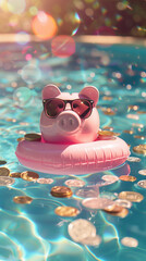 Un objet tirelire en porcelaine rose portant des lunettes de soleil, flottant sur une bou&eacute;e dans une piscine remplie de pi&egrave;ces de monnaie