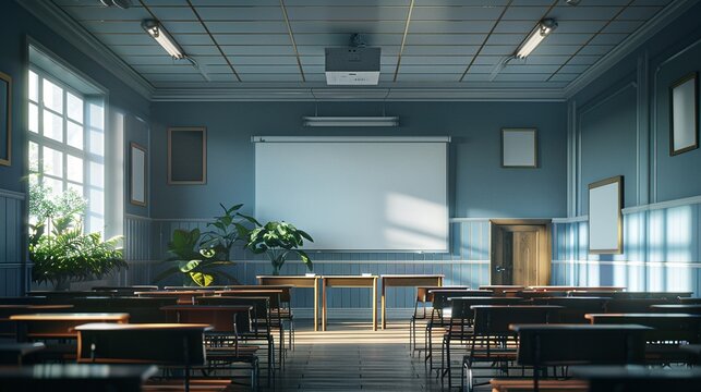 Virtual classroom with radiant lighting, highquality render, advanced resolution, innovative and informationrich visuals, crisp interface 8K , high-resolution, ultra HD,up32K HD