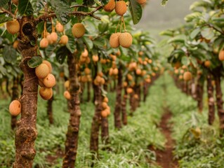 Early Morning Harvest in Lush Lychee Orchard Celebrating International Fruit Day, Showcasing Ripe Fruits and Natural Beauty