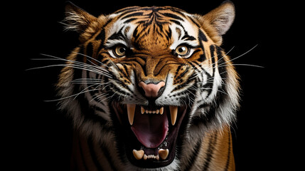 Naklejka premium A tiger gaze with its mouth agape, isolated against a pitch-black background