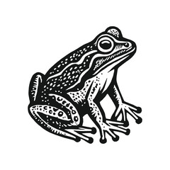 Black and white frog illustration in vintage style, sitting and looking aside