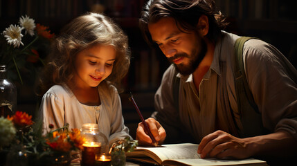 Isolated on a white background is a tutor studying at home with a young girl.