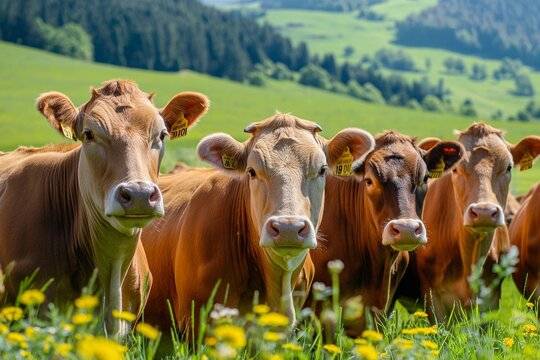 A close-up portrait of cows in a green field, looking at the camera in a picturesque springtime countryside landscape. The scene is bathed in sunlight.