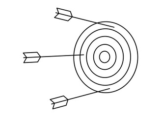Hand drawn cute outline illustration of arrow miss center of target. Flat vector doodle failure shot. Wrong strategy line art icon. Unsuccessful attempt. Finding solution. Lost opportunity. Isolated.