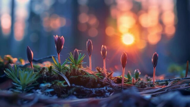 Spring crocus flowers blooming in forest at sunrise, macro photography. Nature awakening and beauty concept. Generative AI