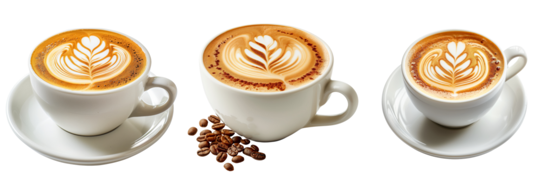 set of cappuccino with latte art isolated on transparent background