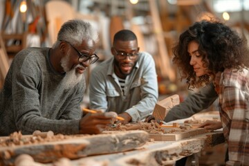 Diverse Adults Engage in a Lively Woodworking Workshop, Crafting Furniture Under Expert Guidance in a Bright, Earthy-toned Studio