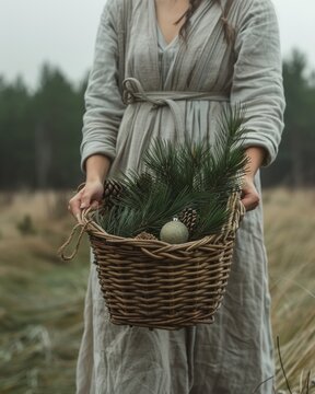 Woman in Light Grey Linen Dress Holding Basket with Pine Saplings and Ornaments Amidst Christmas Tree Field
