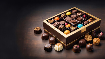 Elegant Background with Open Gift Box of Assorted Chocolates: Pralines, Truffles, Bonbons with Intricate Designs, Glossy Finishes, Luxurious Ribbon, Text Space, Generative AIes)