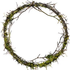 Interlocking twigs form a circular frame adorned with draping moss on a clean white backdrop