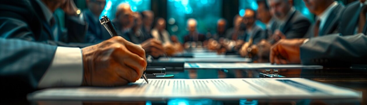 Officials at a convention signing government enforcement agreements, documents spread on table, formal and detailed atmosphere 8K , high-resolution, ultra HD,up32K HD