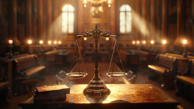 Judges desk in an emotional, empty courtroom, scales of justice and law books under dramatic lighting, libertyfocused legal theme 8K , high-resolution, ultra HD,up32K HD