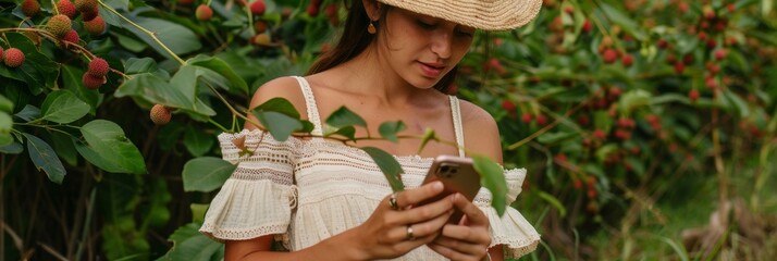 Young Hispanic Woman Using Smartphone for Sustainable Farming Education While Picking Lychees in Afternoon Sunlight