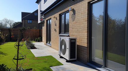 Air Source heat pump installation outside a newly built residential home