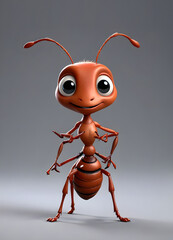 A 3D animated Cute Cartoon Ant Character 3D Rendered on Gray Background.