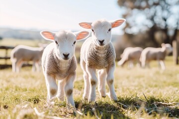 Obraz premium Photo of two adorable baby lambs playing in the green field, with sheep grazing peacefully nearby. The sun is setting on an English countryside farm, casting long shadows and creating a warm atmospher