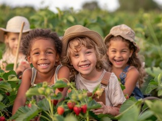 Diverse Group of Joyful Children Picking Strawberries on a Sunny Afternoon; Inclusivity and Joy in Local Organic Farming