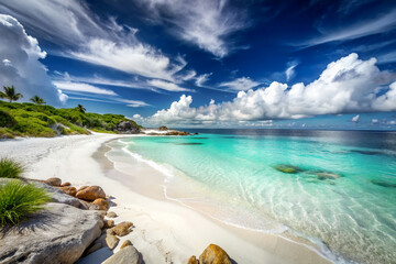 Beautiful tropical beach with white sand, turquoise transparent sea, palm trees and blue sky with clouds. Selective focus.