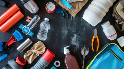 Top view of items useful in emergency situations like natural disasters