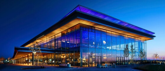 Obraz premium modern architecture expo building with wood and glass, dusk sky, large canopy over the entrance doors