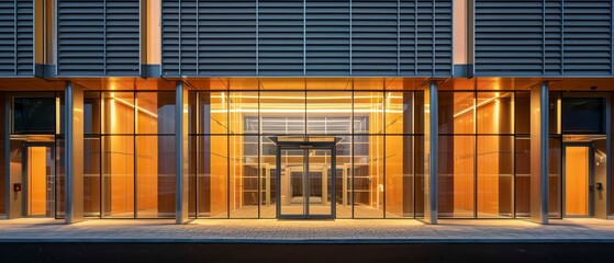 modern architecture expo building with wood and glass, dusk sky, large canopy over the entrance doors