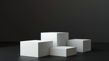 3d geometric shapes. White square podium. Product demonstration stage, pedestal, shop window with black background.