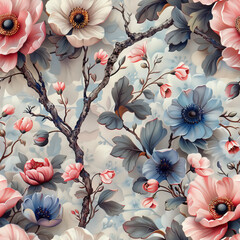 Seamless floral pattern with flowers on summer background, watercolor illustration. Template design for textiles, interior, clothes, wallpaper