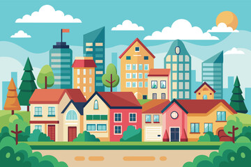 An illustration depicting a vibrant suburban neighborhood with houses, trees, and a sunny sky.