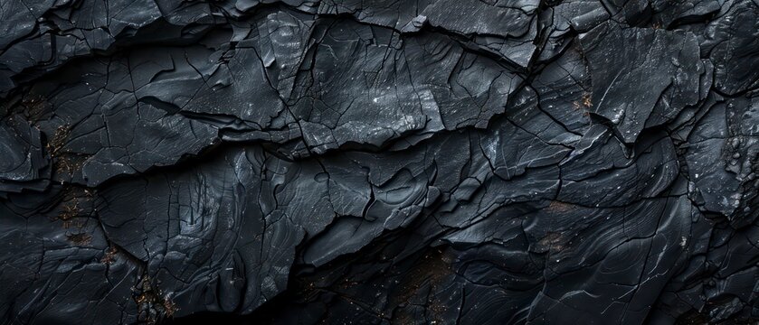 Deep black rock texture features intricate patterns, resembling veins of obsidian in darkness