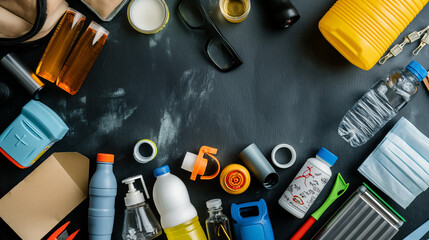 Top view of items useful in emergency situations like natural disasters