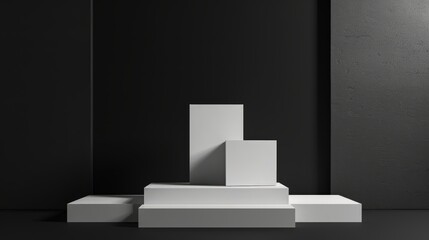 3d geometric shapes. White square podium. Product demonstration stage, pedestal, shop window with black background.