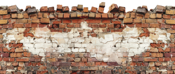 Partially demolished brick wall with scattered bricks at the base, showing a rustic and weathered texture. Suitable for construction themes, architectural studies, and historical documentation.
