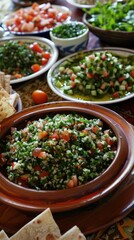 Fototapeta premium Bowl of salad with tomatoes and herbs on the table, arabic traditional meal 