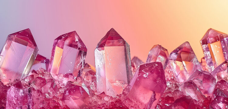 A close-up of a vibrant crystal cluster with amethyst and quartz formations in pink and purple hues. The sparkling crystals are set against an orange gradient background, highlighting their natural be
