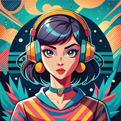 This image features a stylized illustration of a girl wearing headphones, rendered in a simple, abstract art style. The design emphasizes clean lines and vibrant colors, making it ideal for a variety 