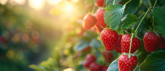 Ripening Strawberries On A Bush Under Sunlight: Vibrant Red Fruits And Lush Green Leaves In A Garden Setting