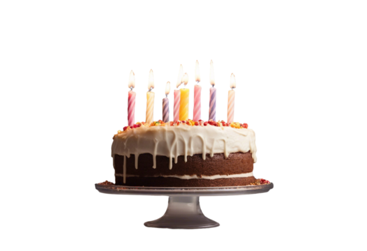 Birthday cake with candles isolated on transparent background cutout  (1)