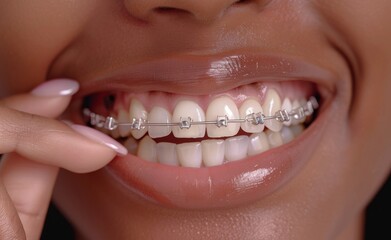 Fototapeta premium Closeup of a woman's hands holding and cleaning transparent sustainable orthodontic braces for the perfect smile