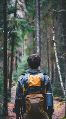 Fototapeta premium Man walking down a path in the woods, hiking