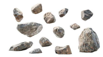Set of floating rocks, isolated on white.