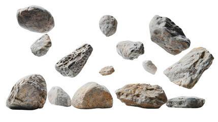 Set of floating rocks, isolated on white.