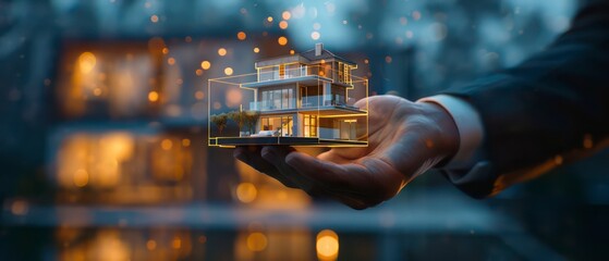 Businessman showcases a digital luxury house hologram, representing upscale real estate ventures