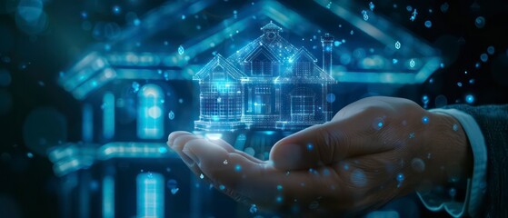 Businessman showcases a digital luxury house hologram, representing upscale real estate ventures