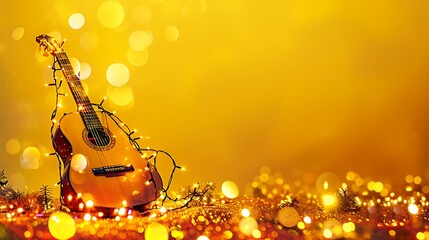 Abstract guitar with festive christmas lights yellow background