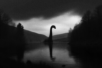Loch Ness, Scotland, UK, illustration based on an Iconic 'Nessie' photo that emerged 1933, sparking Loch Ness Monster legend