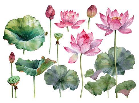 3d set of white and pink lotus flowers, stems and leaves for advertising and invitations vector illustration