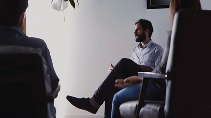 Therapist engaging with clients in a counseling session, fostering open communication and trust.